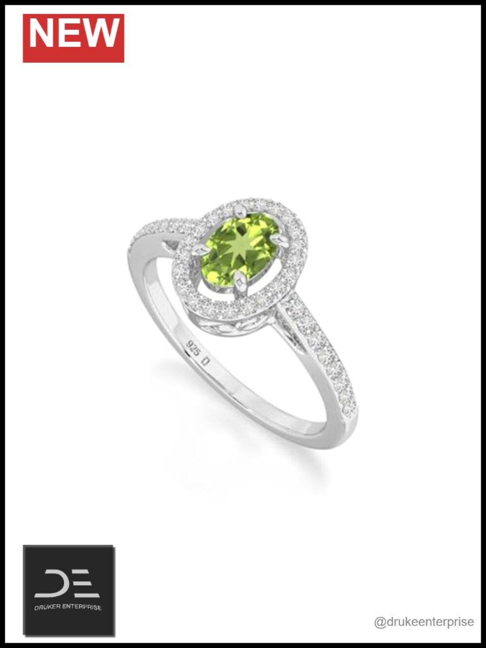 Oval Natural Peridot Halo Ring Sterling Silver 925
